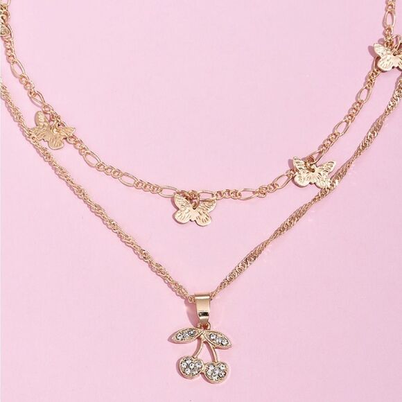 Jewelry - NEW! Layered Gold Butterfly & Cherry Charm Necklace